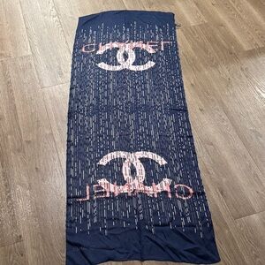 CHANEL Navy and Light Pink Logo Graphic Scarf